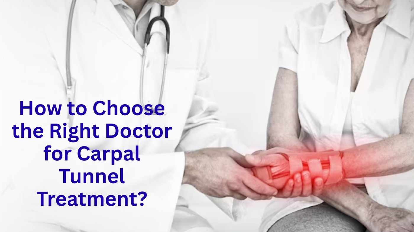 Doctor examining an elderly patient’s wrist with highlighted pain area related to carpal tunnel treatment.