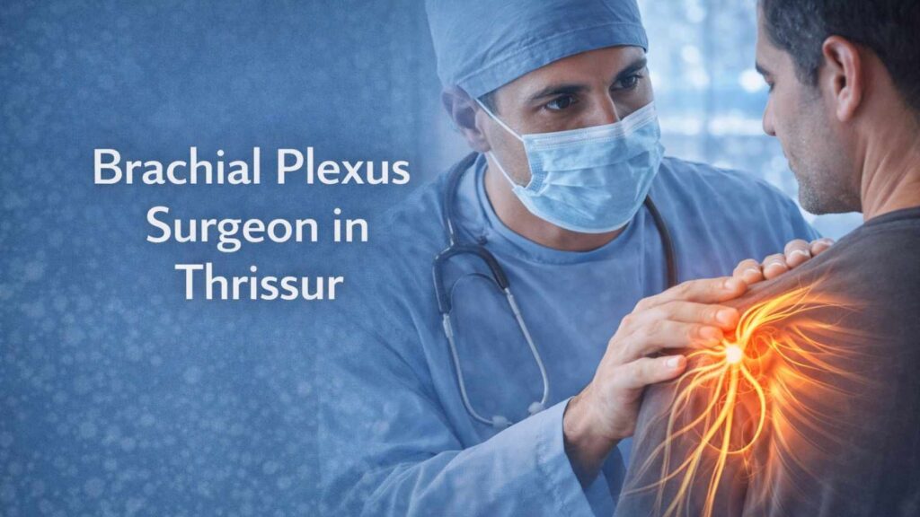 Doctor examining patient’s shoulder with highlighted brachial plexus nerves for treatment in Thrissur