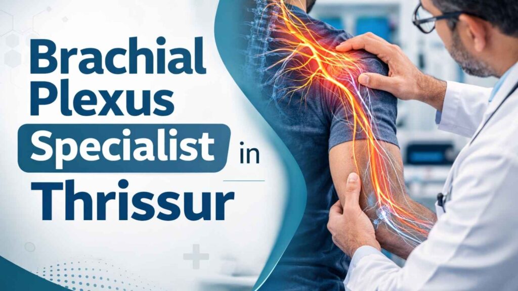 Doctor examining a patient’s shoulder highlighting brachial plexus nerves during consultation with a brachial plexus specialist in Thrissur