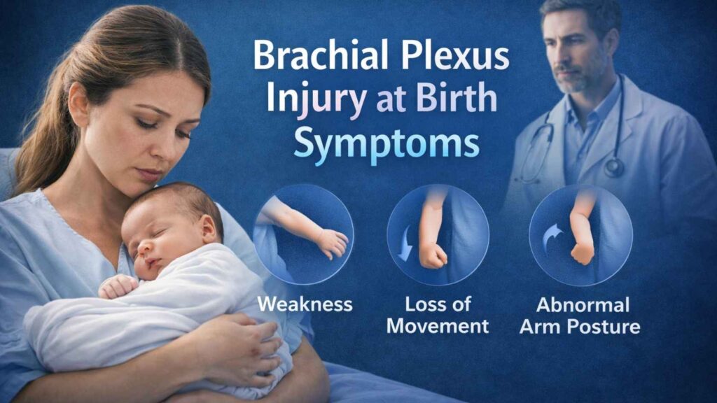 Mother holding newborn with brachial plexus birth injury symptoms illustration