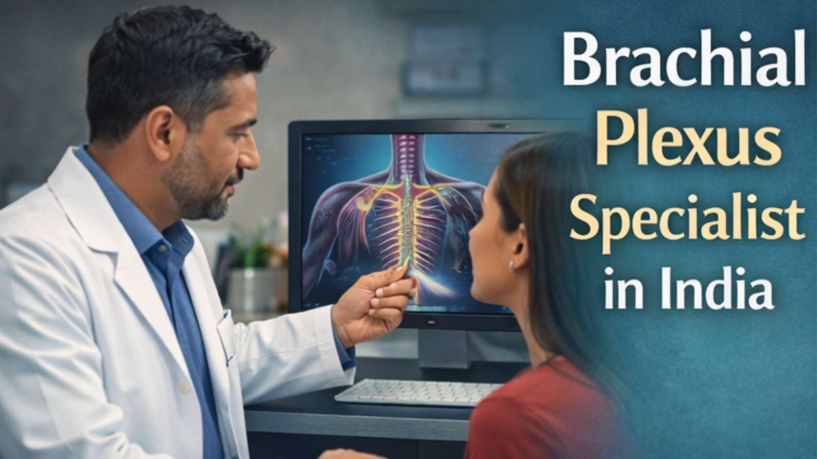 Doctor explaining brachial plexus nerve structure to a patient using an anatomical model during consultation with a brachial plexus specialist in Kerala