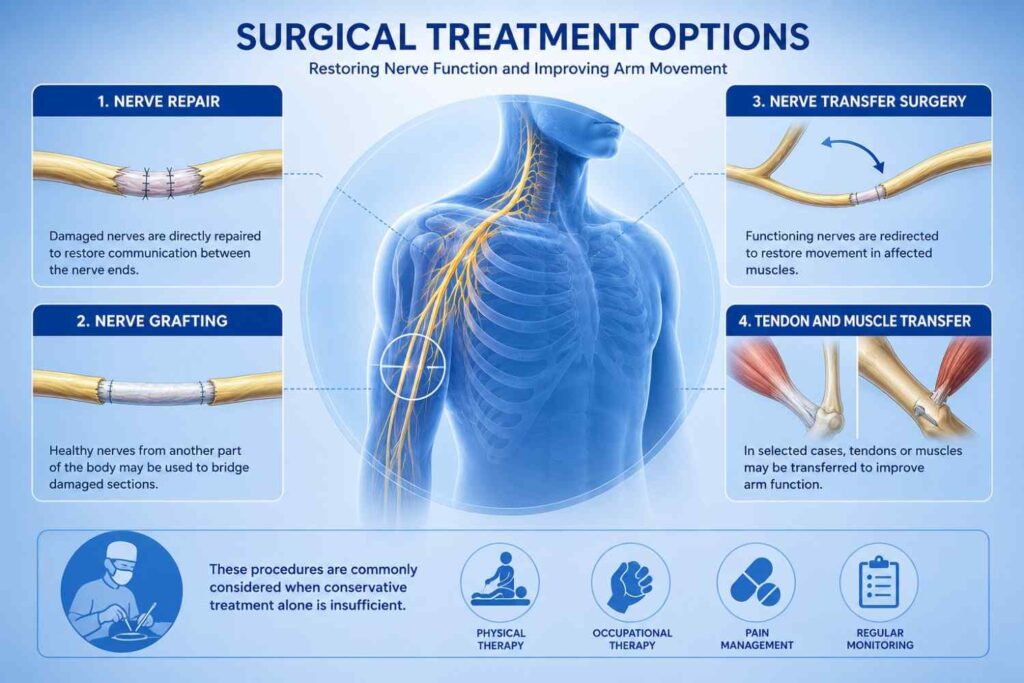 Brachial plexus injury surgical treatments including nerve repair and nerve transfer surgery.