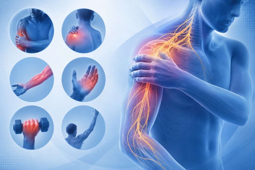 Symptoms of brachial plexus injury affecting the shoulder, arm, and hand.