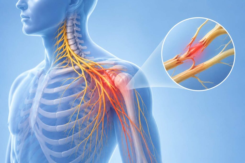 What is brachial plexus injury? Illustration of damaged shoulder and arm nerves.