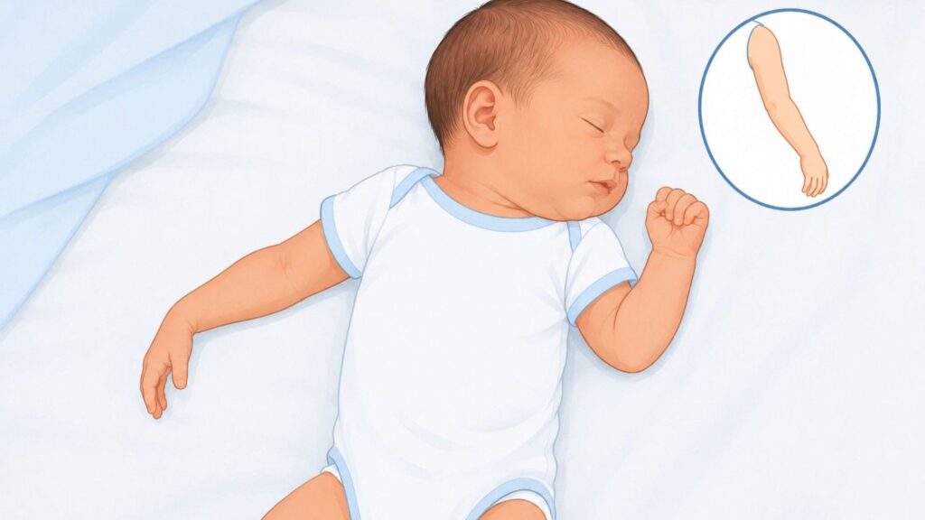 Newborn baby lying peacefully with one arm resting limp by the side, illustrating reduced arm movement associated with a birth-related nerve injury.