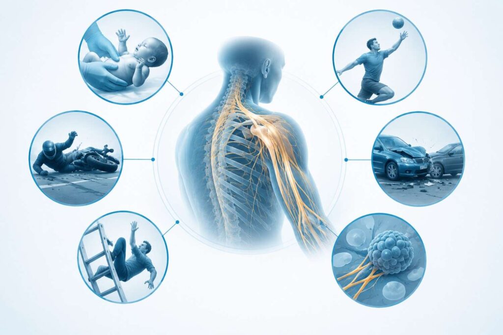 Causes of brachial plexus injury affecting the shoulder and arm nerves.