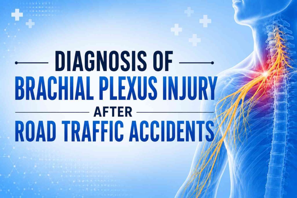 Diagnosis of Brachial Plexus Injury After Road Traffic Accidents illustrated with a medical anatomy graphic showing brachial plexus nerve damage in the neck and shoulder region.