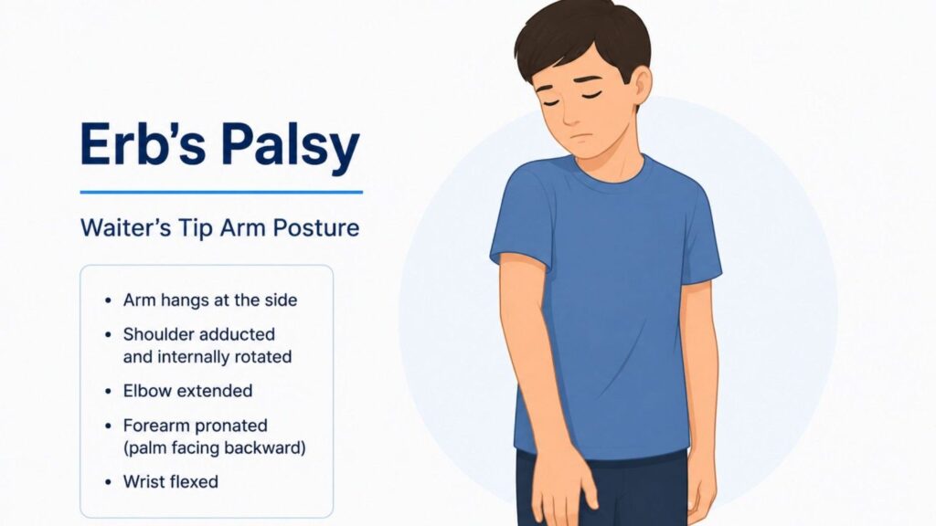 Illustration demonstrating Erb's palsy with a characteristic waiter's tip arm posture, showing the arm resting by the side with the forearm turned inward.