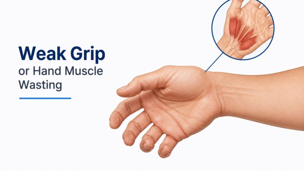Illustration showing weak grip strength and hand muscle wasting, highlighting reduced muscle bulk in the hand as a sign of nerve dysfunction.