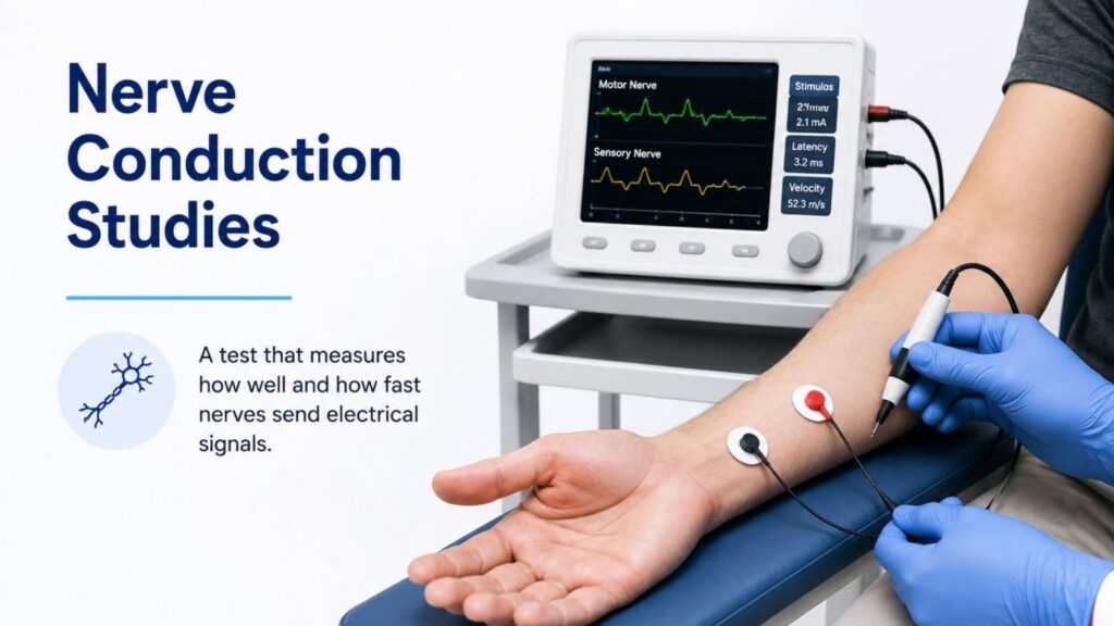 Nerve Conduction Studies (NCS) test showing electrodes placed on a patient's arm to measure the speed and strength of nerve signals.