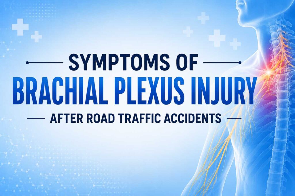 Symptoms of Brachial Plexus Injury After Road Traffic Accidents shown in a medical illustration highlighting nerve damage in the neck, shoulder, and arm region.