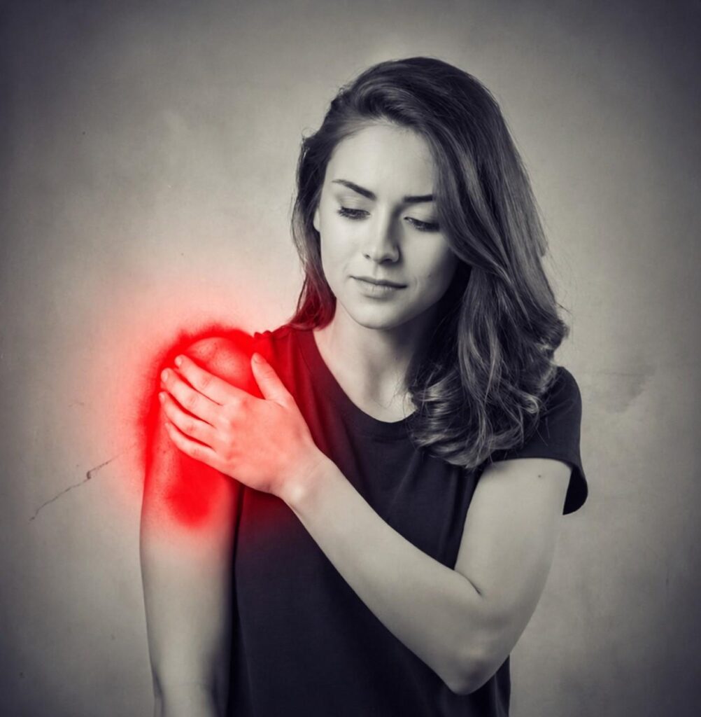 How brachial plexus injury happens shown through a woman experiencing shoulder pain and nerve discomfort in the upper arm region