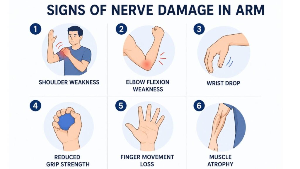 Signs of nerve damage in arm infographic showing shoulder weakness, elbow flexion weakness, wrist drop, reduced grip strength, finger movement loss, and muscle atrophy.