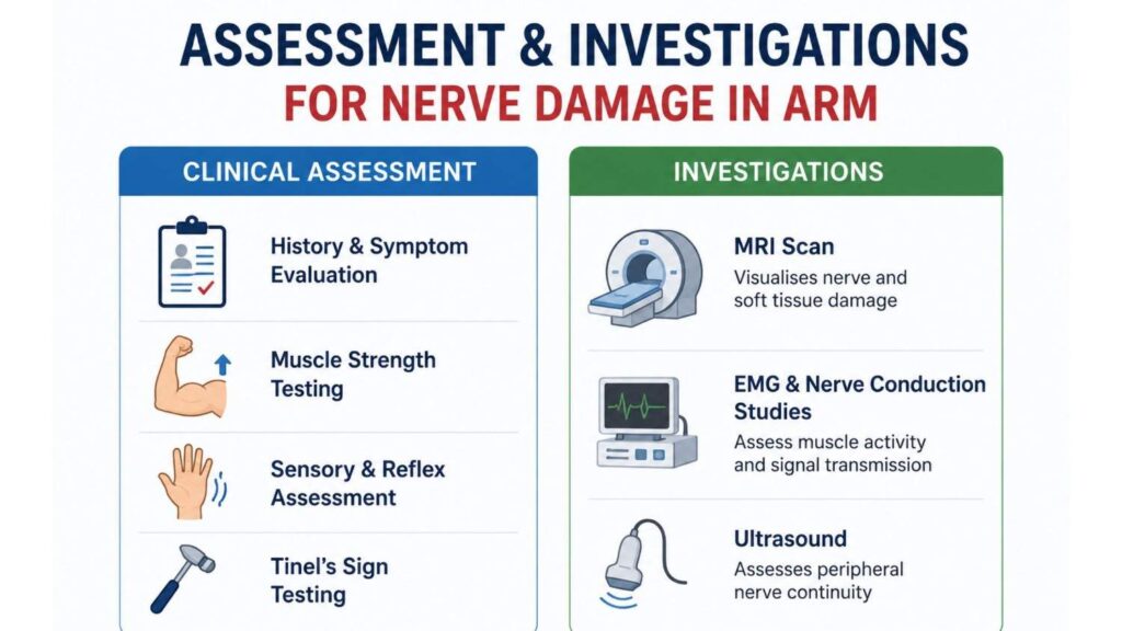 Assessment and investigations for nerve damage in arm infographic showing clinical assessment, muscle strength testing, sensory evaluation, MRI scan, EMG, nerve conduction studies, and ultrasound.