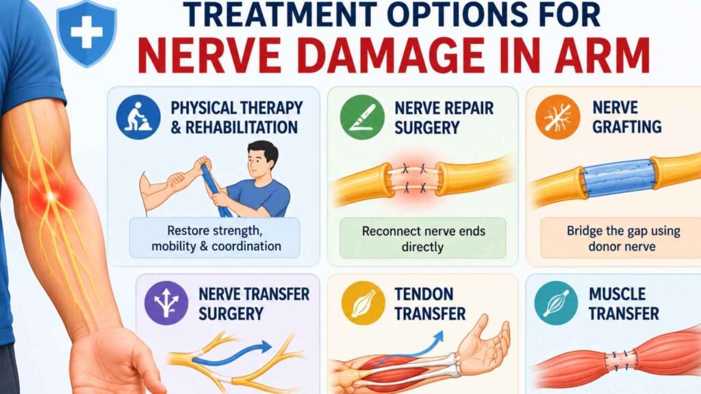 Treatment options for nerve damage in arm infographic showing physical therapy, nerve repair surgery, nerve grafting, nerve transfer surgery, tendon transfer, and muscle transfer procedures.