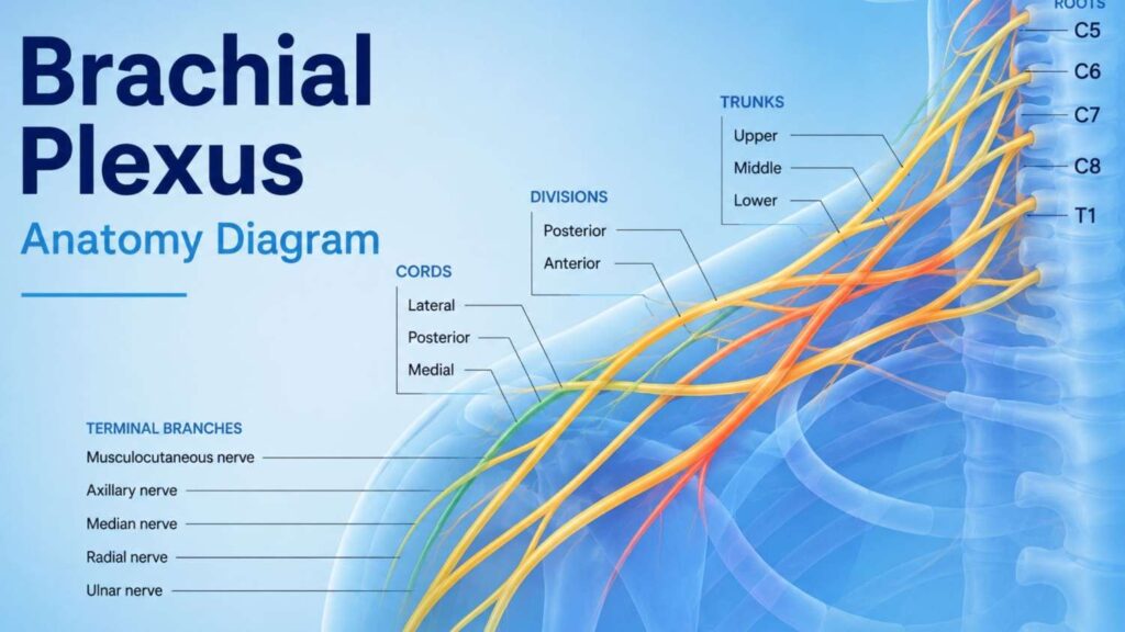 Detailed brachial plexus anatomy diagram illustrating the nerve roots, trunks, divisions, cords, and terminal branches extending from the cervical spine to the upper limb.