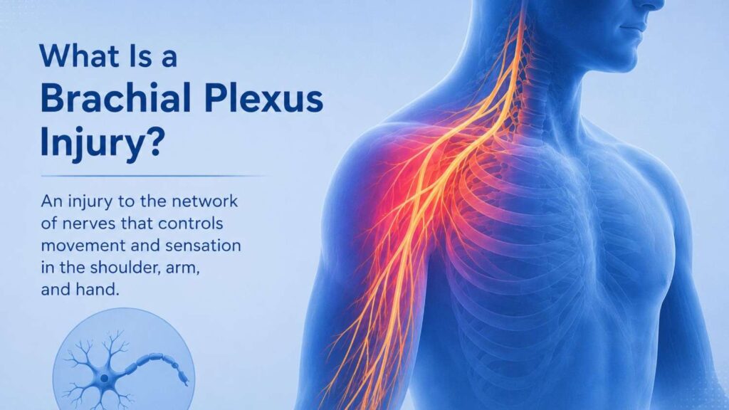Medical illustration explaining brachial plexus injury, showing the network of nerves extending from the neck through the shoulder and arm, with the affected nerve pathways highlighted to demonstrate how injury can impact movement and sensation in the upper limb.