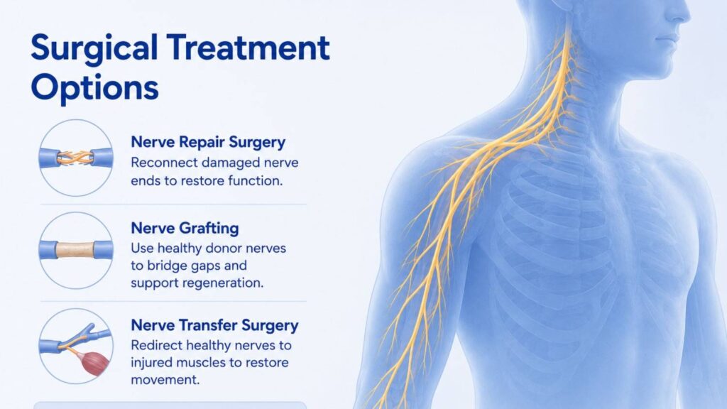 Medical infographic illustrating surgical treatment options for brachial plexus injuries, featuring nerve repair surgery, nerve grafting, and nerve transfer surgery alongside a detailed view of the nerve network extending from the neck through the shoulder and arm.
