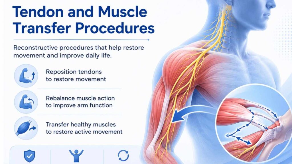Medical infographic illustrating tendon and muscle transfer procedures for brachial plexus injuries, showing the upper arm muscles and nerve pathways along with key reconstructive techniques used to restore movement, improve strength, and support functional recovery.