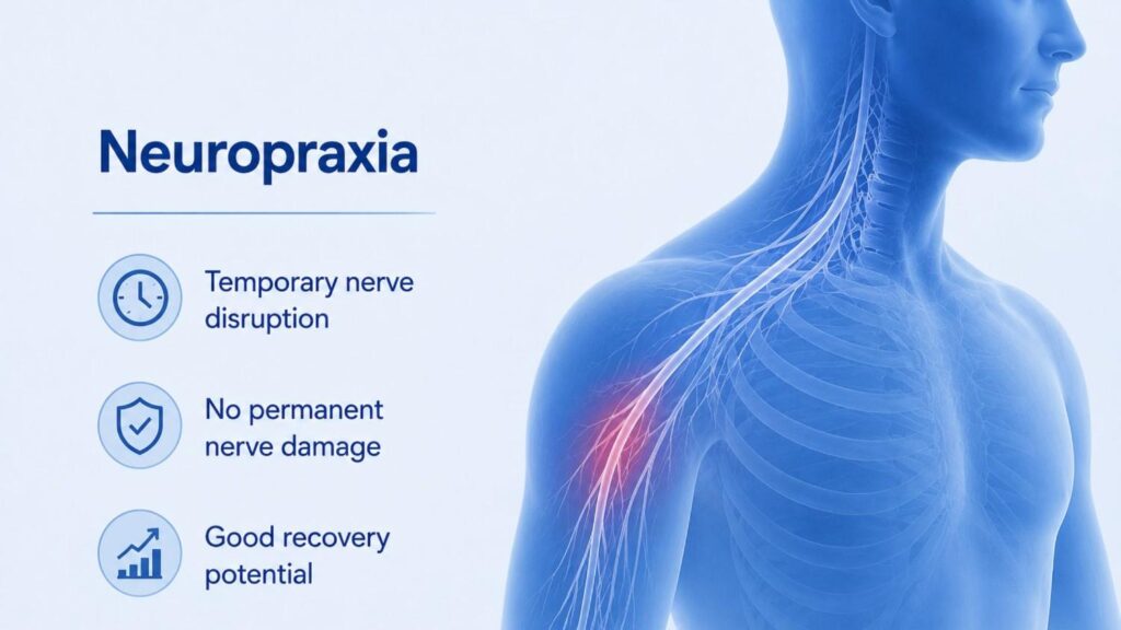 Medical illustration of neuropraxia showing a mild nerve injury in the shoulder region, with the nerve pathway highlighted to represent temporary disruption without structural damage and a strong potential for recovery.