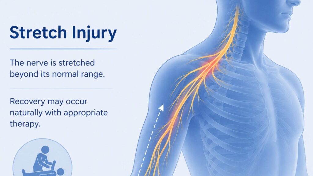 Medical illustration of a brachial plexus stretch injury showing nerves extending from the neck through the shoulder and arm, with the affected area highlighted to demonstrate nerve overstretching and its impact on upper limb function.