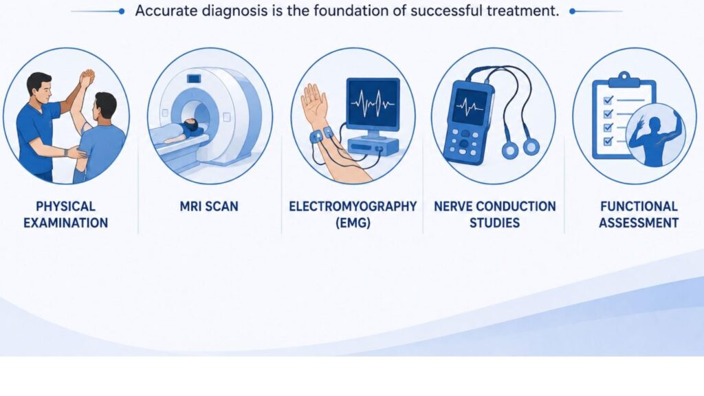 Medical illustration showing common diagnostic methods for brachial plexus injuries, including physical examination, MRI scan, EMG testing, nerve conduction studies, and functional assessment.