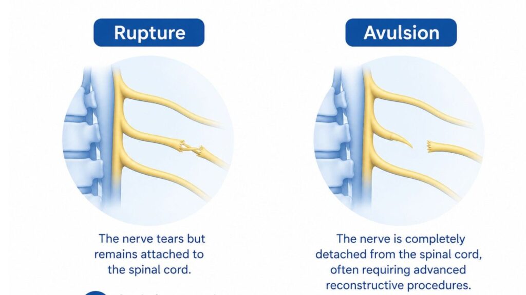 Medical illustration comparing rupture and avulsion brachial plexus injuries. The graphic shows a torn nerve that remains attached to the spinal cord (rupture) alongside a nerve completely detached from the spinal cord (avulsion), highlighting the differences between these two injury types.