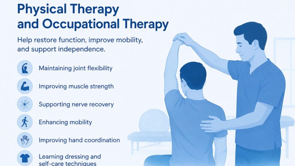 Medical illustration showing a rehabilitation session where a therapist assists a patient with arm and shoulder exercises. The graphic highlights the role of physical and occupational therapy in improving movement, strength, nerve recovery, hand coordination, and independence after a brachial plexus injury.