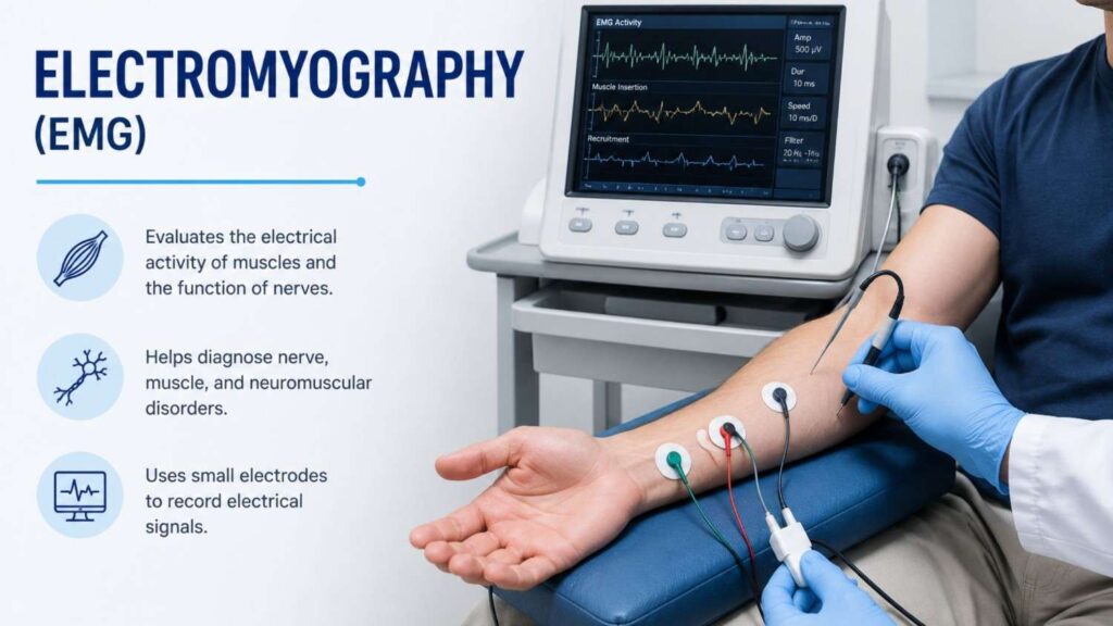 Electromyography (EMG) test showing electrodes attached to a patient's arm while electrical activity is recorded and displayed on a monitoring device.