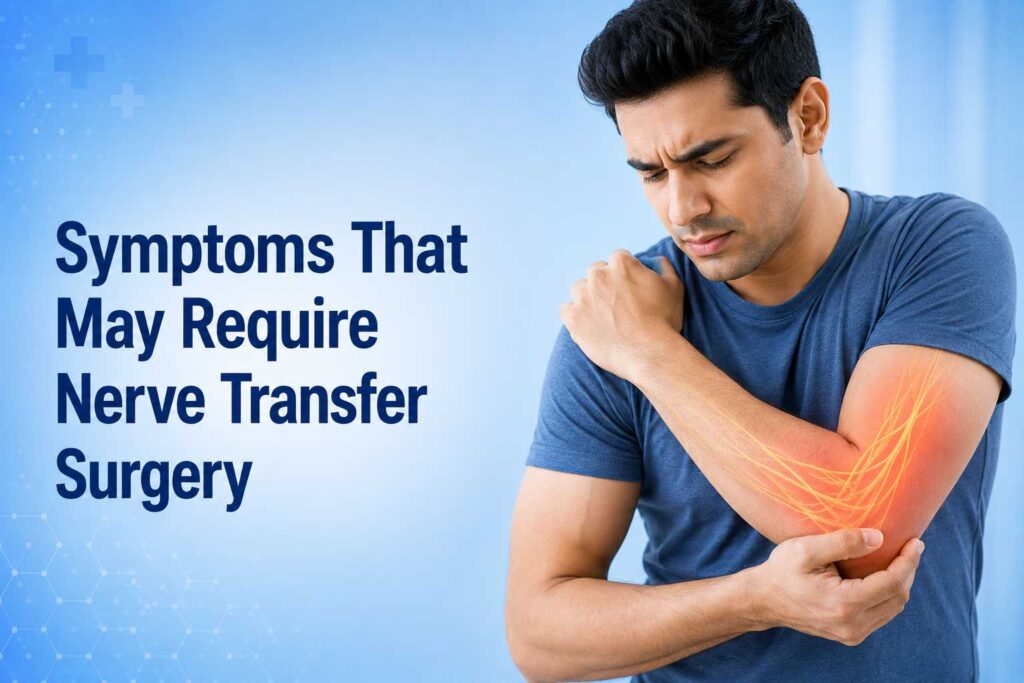 Symptoms That May Require Nerve Transfer Surgery showing arm weakness, nerve pain, and reduced arm function due to nerve injury