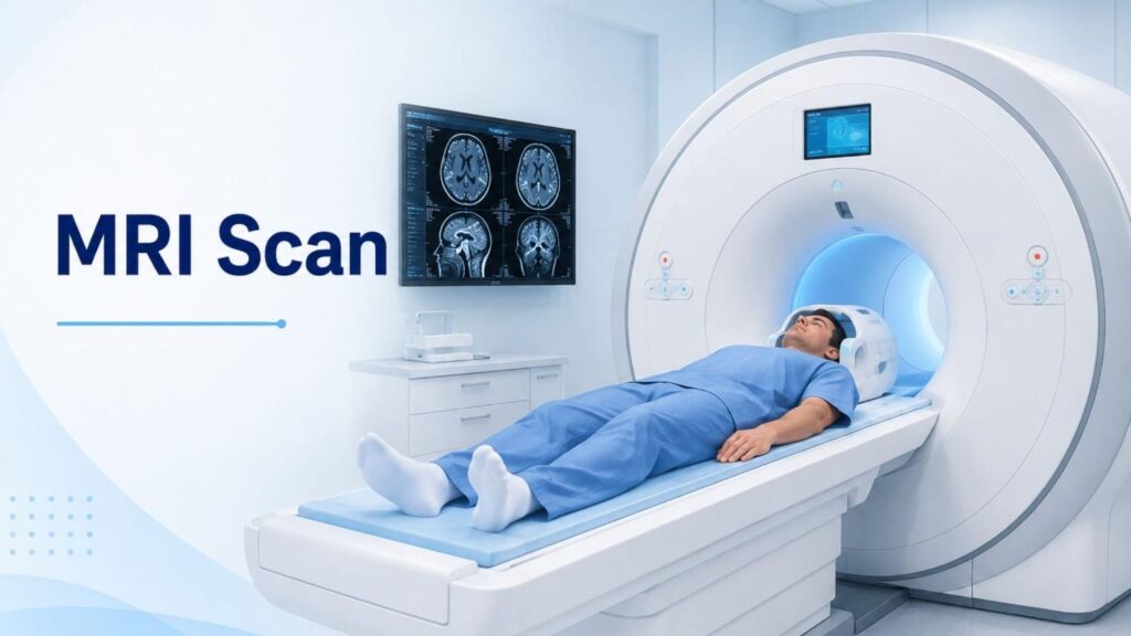Patient undergoing an MRI scan inside a medical imaging machine while healthcare professionals monitor the procedure.