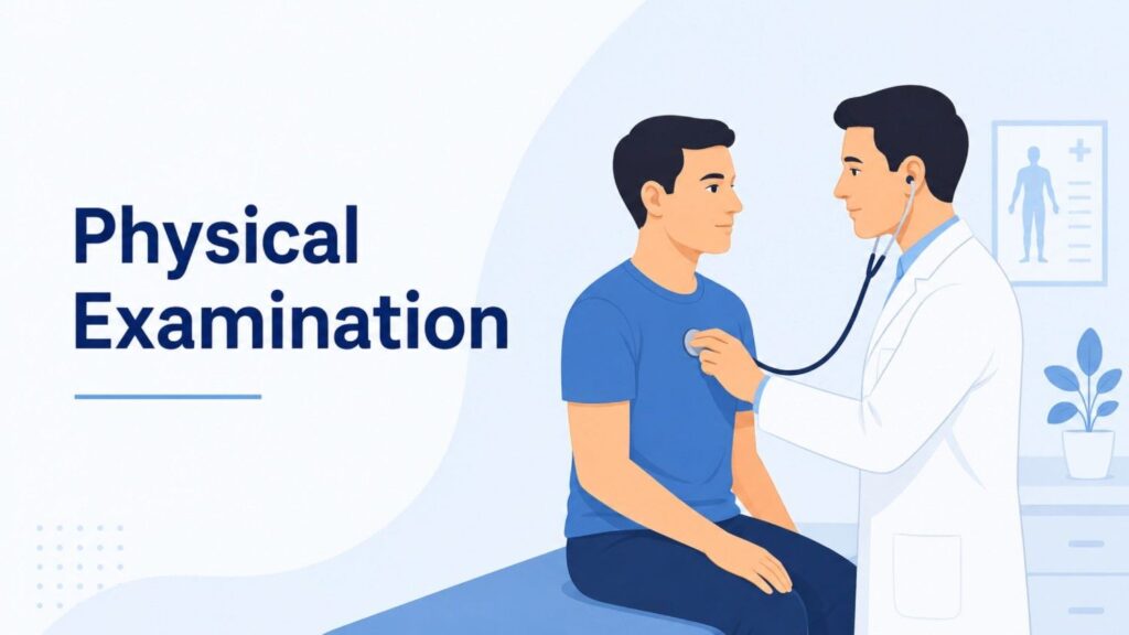 Doctor performing a physical examination on a patient in a clinical setting, using a stethoscope during a routine medical assessment.
