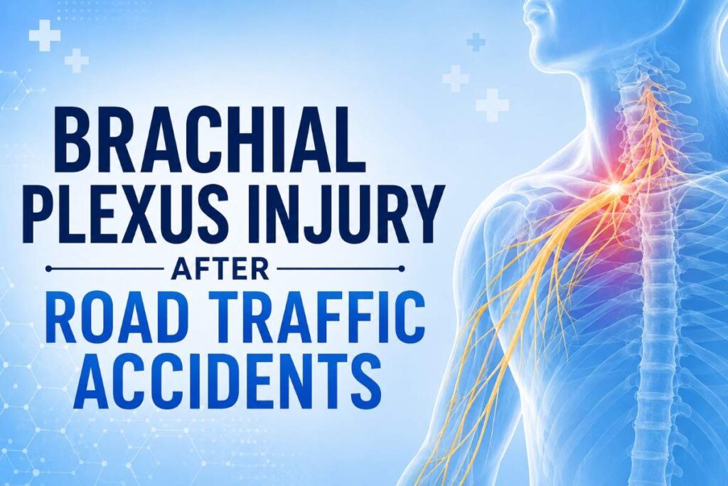 Brachial Plexus Injury After Road Traffic Accidents illustrated through a detailed medical anatomy graphic showing nerve damage in the neck, shoulder, and upper arm region.