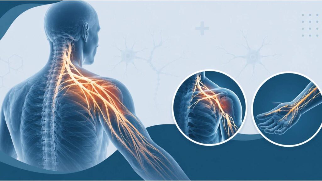 Medical infographic illustrating Brachial Plexus Surgery in Thrissur for Adult Brachial Plexus Injury, Erb's Palsy, Total Brachial Plexus Palsy, Upper Brachial Plexus Injury, and Brachial Plexus Tumours.