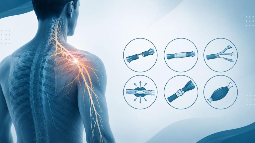 Medical illustration representing the Best Treatment for Brachial Plexus Injury in Thrissur with highlighted brachial plexus nerves and advanced nerve reconstruction procedures.