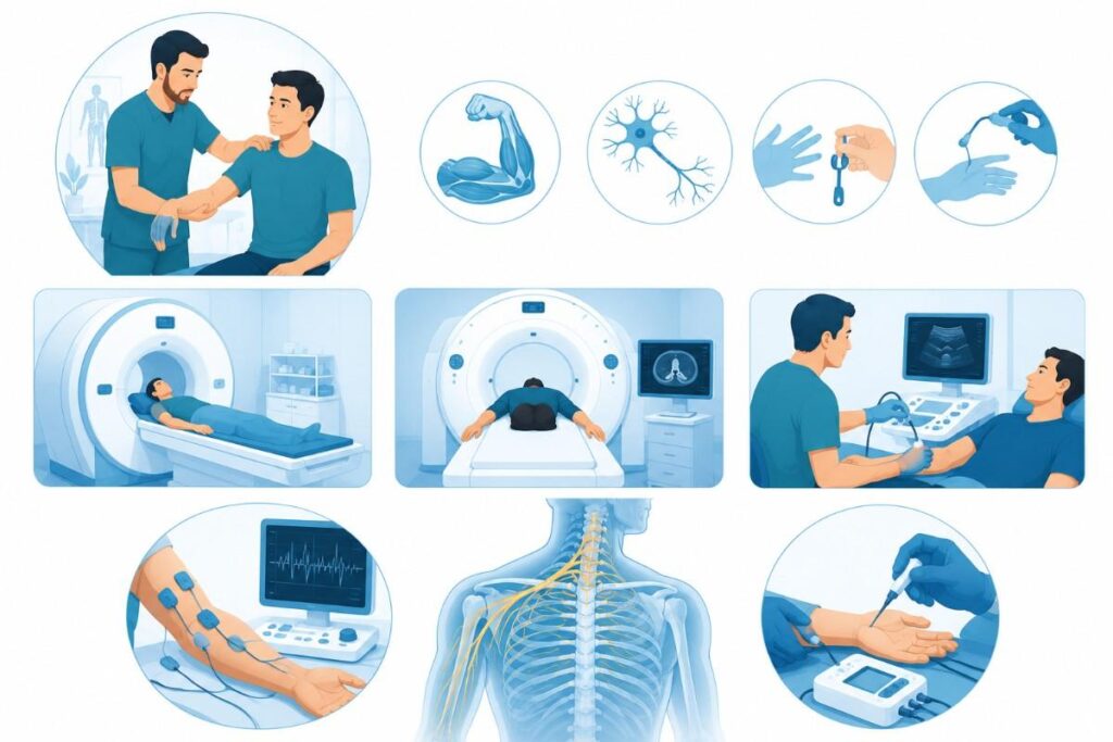Advanced Brachial Plexus Care in Thrissur illustration showing diagnostic evaluation through physical examination, MRI, CT myelography, ultrasound, EMG, and nerve conduction studies for accurate nerve injury assessment.