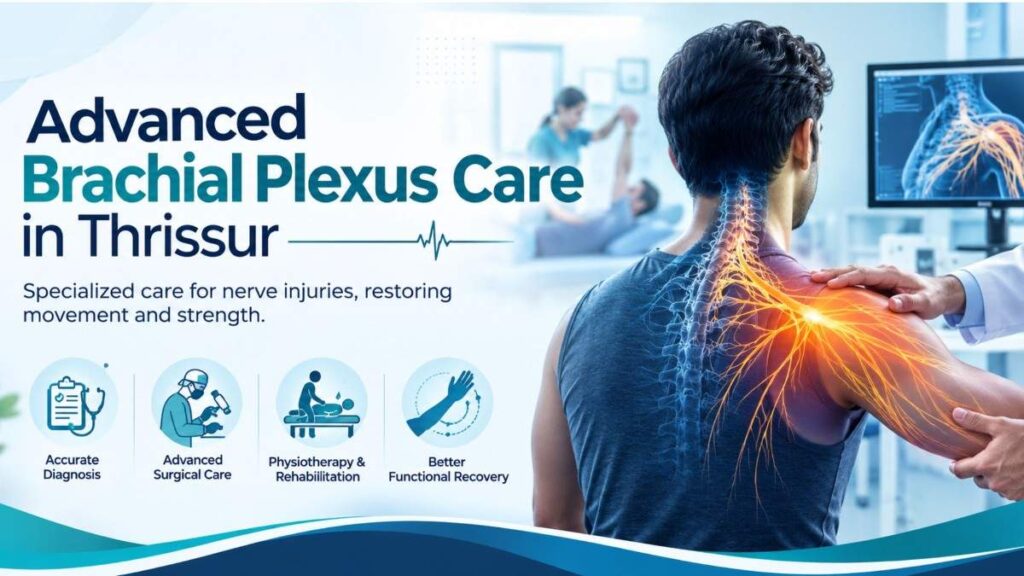 Advanced Brachial Plexus Care in Thrissur banner showing the brachial plexus nerve network highlighted across the neck and shoulder with a modern medical illustration.