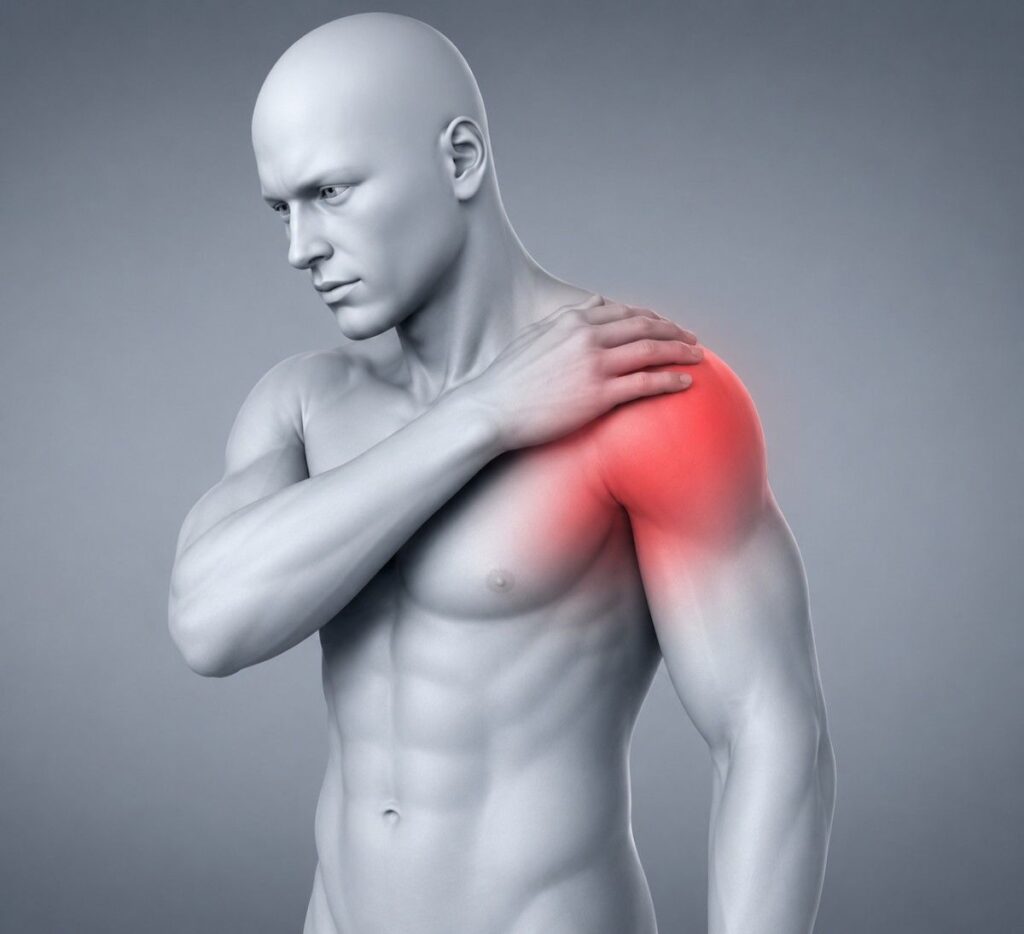 Brachial Plexus Rehabilitation in Thrissur – 3D medical illustration showing shoulder pain highlighted in red, representing brachial plexus nerve injury affecting the shoulder and upper arm.
