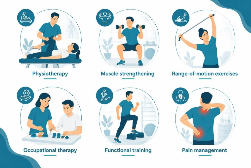 Brachial Plexus Rehabilitation in Thrissur illustration showcasing physiotherapy, muscle strengthening, range-of-motion exercises, occupational therapy, functional training, and pain management for upper limb recovery.