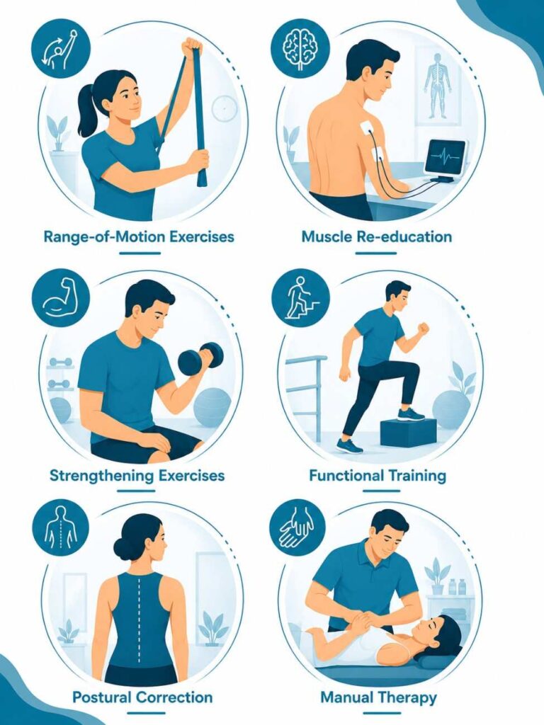 Physiotherapy After Brachial Plexus Surgery in Thrissur illustration showing range-of-motion exercises, muscle re-education, strengthening exercises, functional training, postural correction, and manual therapy as part of post-surgical rehabilitation.