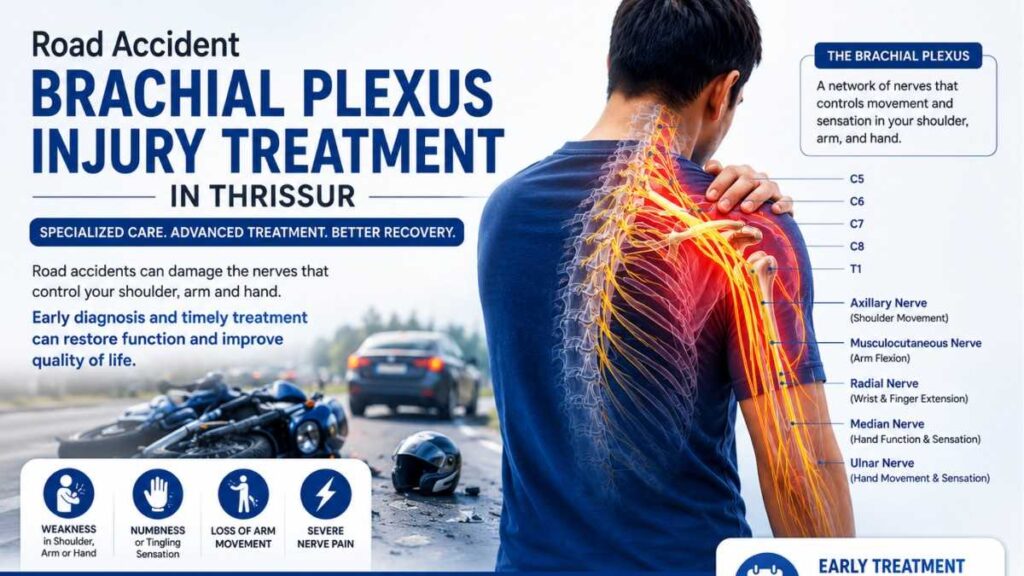 Road Accident Brachial Plexus Injury Treatment in Thrissur banner illustrating brachial plexus nerve anatomy, accident-related nerve damage, symptoms, and treatment options.