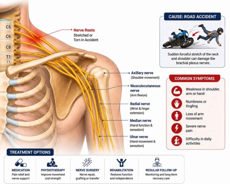 Road Accident Brachial Plexus Injury Treatment in Thrissur illustration showing the brachial plexus nerve anatomy, common symptoms after a road accident, and available treatment options including physiotherapy, nerve surgery, and rehabilitation.