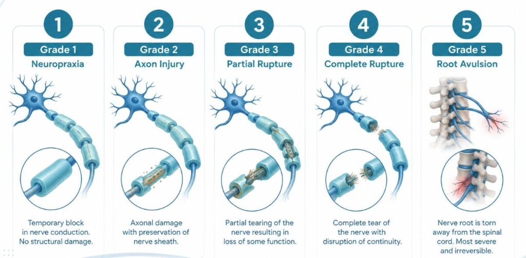 Sports-Related Brachial Plexus Injury Treatment in Thrissur illustration showing the different grades of sports-related nerve injuries, including neuropraxia, axon injury, partial rupture, complete rupture, and root avulsion, in a clean medical infographic style.