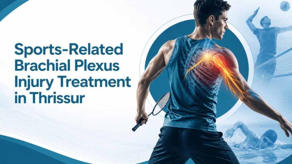 Sports-Related Brachial Plexus Injury Treatment in Thrissur banner featuring an athlete with a highlighted brachial plexus nerve pathway, illustrating sports-related shoulder and upper limb nerve injuries in a modern orthopedic and neurology healthcare design.