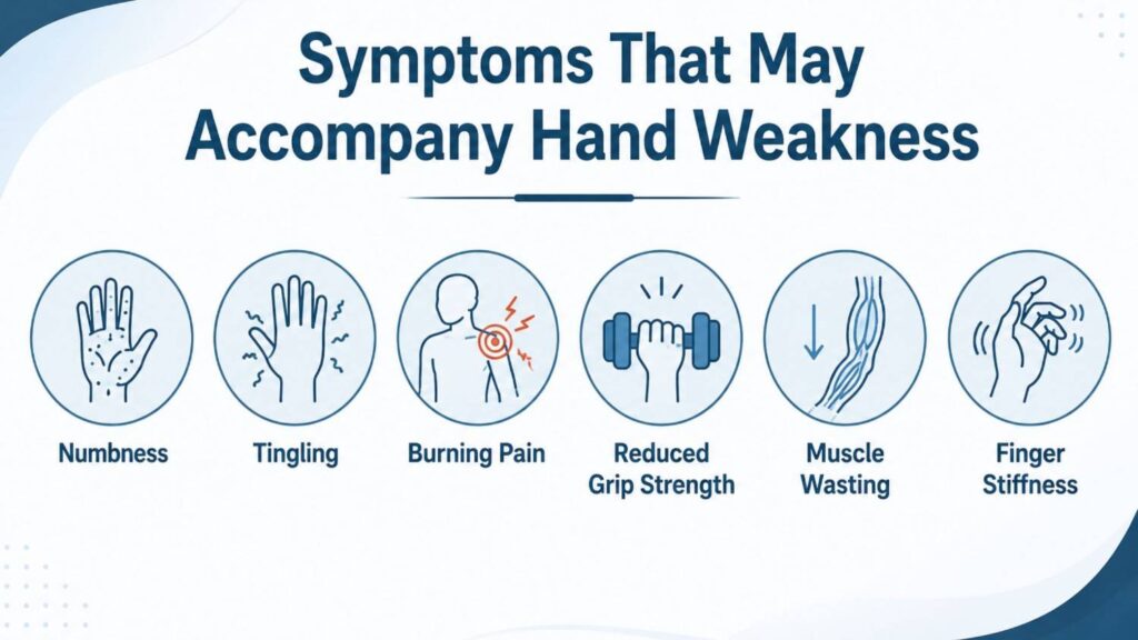 Hand Weakness Due to Brachial Plexus Injury in Thrissur infographic showing symptoms such as numbness, tingling, burning pain, reduced grip strength, muscle wasting, and finger stiffness