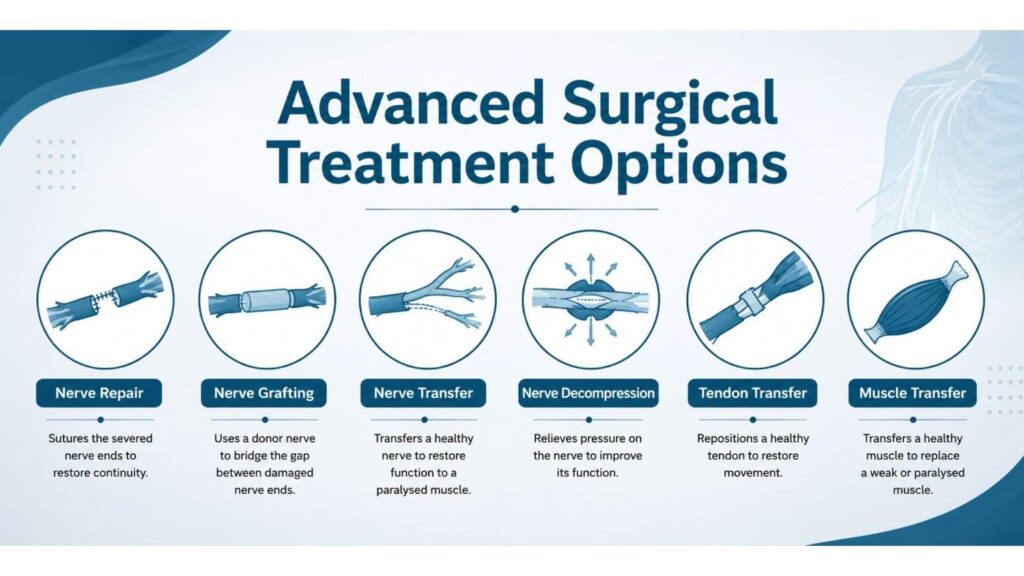 Advanced surgical treatment options for Best Treatment for Brachial Plexus Injury in Thrissur including nerve repair, nerve grafting, nerve transfer, nerve decompression, tendon transfer, and muscle transfer.
