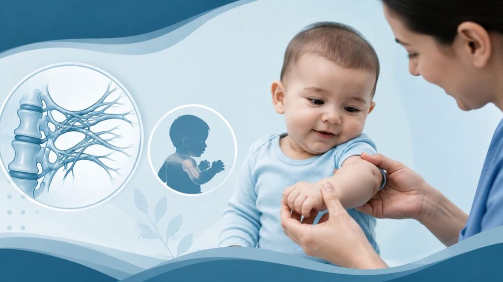 Cover image illustrating Birth Brachial Plexus Injury (Erb's Palsy) Treatment in Thrissur with a pediatric examination, brachial plexus nerve anatomy, and a baby's upper limb being assessed for nerve function.