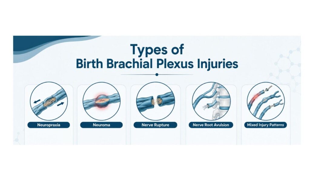 Infographic illustrating the Types of Birth Brachial Plexus Injuries encountered during Birth Brachial Plexus Injury (Erb's Palsy) Treatment in Thrissur, including neuropraxia, neuroma, nerve rupture, nerve root avulsion, and mixed injury patterns.