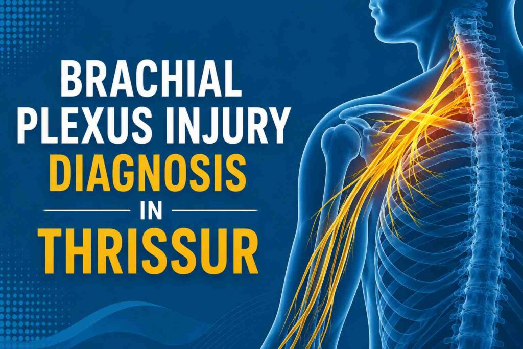 Medical illustration showing brachial plexus nerves highlighted for brachial plexus injury diagnosis in Thrissur.