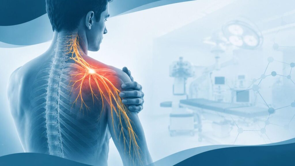 Medical illustration of the brachial plexus nerves highlighting shoulder and arm anatomy for Brachial Plexus Injury Treatment in Thrissur.